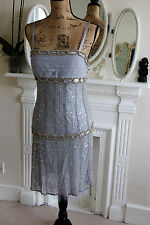 BRAND NEW Sagaie Paris 14 Blue Silk 1920s Beaded Mini Dress w/ Wrap RRP335 Large