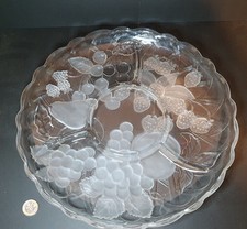 Vintage Frosted Glass Divided Fruit Platter Large 14" Grapes / Berries Design