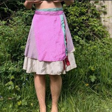 Recycled Sari Wrap Around Midi Skirt One Size Boho Hippie Festival Pink White