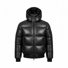 Men Black Leather Puffer