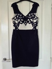 LIPSY MICHELLE KEEGAN NAVY BLUE WHITE EMBROIDERED STRAPPY V-NECK BODYCON DRESS