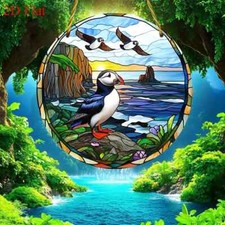 Puffin Birds Seaside Cliff Suncatcher Stained Glass Effect Hanging Decor Gift