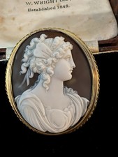 Antique Vintage Hand-Carved Natural Shell Cameo Brooch With Original Box