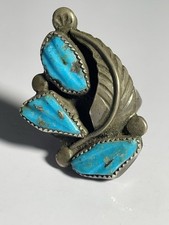 VTG Navajo Felicita Eustace Cochiti Sterling Turquoise Fetish Leaf Ring Sz6.5