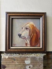 Original  small    Oil Painting Dog  Basset   3.5x3.5 inch    Framed