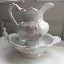 Vintage Antique White & Pink Floral Pattern Washing Bowl & Pitcher Jug