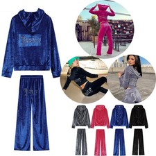 Womens Juicy Print Diamante Logo Zip Up Velour Velvet Tracksuit Sweater Set UK
