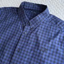 Fred Perry Gingham Check Shirt Mens 2XL XXL Blue Black Short Sleeve Mod 60s