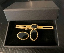 Stratton Vintage Cufflink and Tie Clip Set Gold Tone Onix Stone