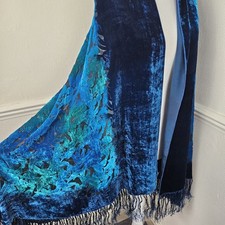 Besarani Velvet Silk Devore Floral Large Shawl Wrap Fringe Teal / Blue One Size