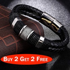 Men's Stainless Steel Leather Bracelet Magnetic Silver Clasp Bangle Black UK