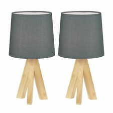 Set of 2 Tripod Table Lamp Bedside Lights Natural Wood 36cm Grey Shades