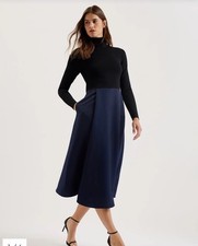 Ted Baker Midi Dress Womens TB 2 UK 10 Chira Black Knit Bodice Blue Wrap Skirt