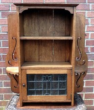 Victorian Arts & Crafts antique wall cabinet solid oak leaded glazed Liberty 
