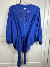Karen Millen Tie Kimono  Silk Blouse Top Uk 14 Stunning Blue  Lace Embellished