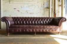 TRADITIONAL HANDMADE 4 SEATER DARK BROWN VINTAGE  LEATHER CHESTERFIELD SOFA