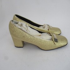 Barratts Saphire Gold Brocade Diamante Trim Evening Shoe UK 4 Low Heel With Box