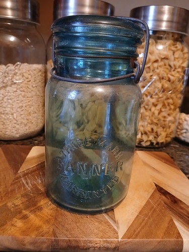 Vtg aqua quart - fruit, jar