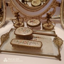 Petit Point Dressing Table Set By Rowland England Tray Candlesticks  Crystal Jar