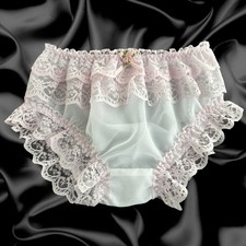 Sissy Sheer White Nylon Soft Satin Rose Frilly Lace Panties Knickers Size 10-20