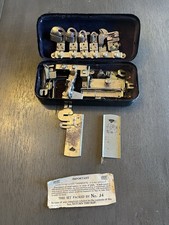 Vtg Griest Sewing Machine Attachments w/Purple Rotary Black Tin Holder Box