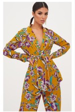 Mustard Floral Blazer Jacket Size 14 16 Belted Wrap RRP£45