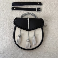 Leather Sporran Pin Drop Sporran 3 Tassels White Calf Skin Semi Dress Sporran