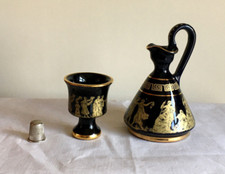 Greek Olive Oil jug and Egg Cup Black and 24 K Gold Adis  Mythological figures