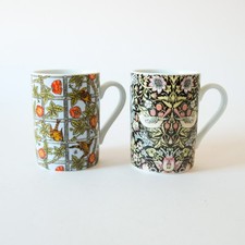 WILLIAM MORRIS Mugs x2 - Waterside Fine China - Birds Pattern Strawberry Thief