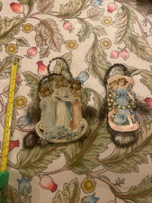 Pair Victorian antique Christmas scrap tinsel decorations ornaments German 3