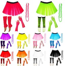 Neon UV Tutu Set Skirt Gloves Leg Warmers Beads Womens 80s Fancy Dress Costume