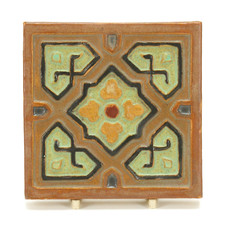 California Art Tile attrib. to S&S 5x5 Moorish design ochre green arts & crafts