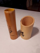 A PAIR OF CHINESE BAMBOO, BRUSH POT'S, WITH HAND PAINTED DESIGN'S. 8" & 6" TALL.