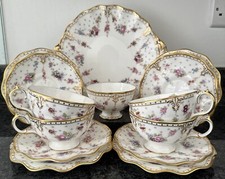 Royal crown Derby Antoinette 4 trios. Cups, saucers , Cake Plate , Sugar Bowl