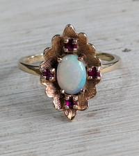 Antique 9ct Yellow Gold Ring Opal & Ruby Stones Stamped Ring Size L