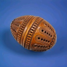 Antique Hand Carved Coquilla Nut Egg Shaped Box Thimble Holder Trinket Case
