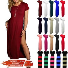 Womens Ladies Cap Sleeve Double Side Slit High Waist Split Long Maxi Dress Top