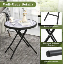 Folding Round Side Patio Coffee Table With Tempered Glass Tabletop-grey