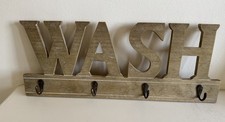 Gisela Graham V Large WASH Bathroom Sign & Hooks BNWT Wooden Hanging 52x30cm ⭐️✨