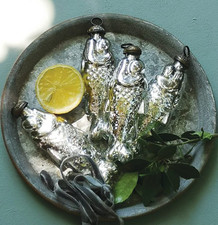 Vintage Antique Silver Glass Fish Bauble Hanging Decoration with Velvet Ribbon