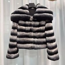 Women's  Winter Rex Rabbit Fur Large Collared Chinchilla Jacket Gift For Her
