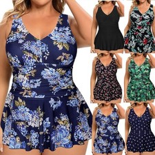New Plus Size Swimdress Women's Printed One-Piece Swimsuit Skirted Swimwear UK