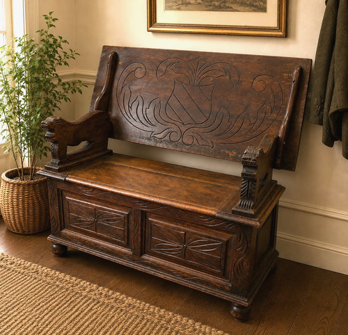 Antique carved oak monks - monks, bench