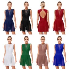 Women's Figure Ice Skating Dress Sparkly Rhinestone Mesh Dance Leotard Dresses
