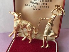 Art Deco Style Gold Tone Lady & Afghan Hound Dog Brooch Shawl Pin