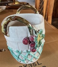 McCoy Pottery Basket With Handle Palm Leaf And Berry Design 1940s Planter VTG