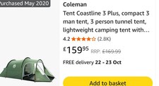 Coleman Tent Coastline 3 Plus, compact 3 man tent, 3 person tunnel tent