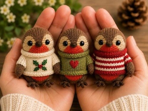 Mini christmas robins knitting - christmas,