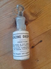 Vintage glass dropper bottle, Stanley Gibbons Benzine. Empty, clean