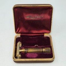 VINTAGE 40'S GILLETTE ARISTOCRAT GOLD PLATED FLARE TIP USA SAFETY RAZOR W/CASE